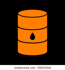 Oil barrel sign. Orange icon on black background.