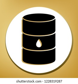 Oil barrel sign. Vector. Black icon with light brown shadow in white circle with shaped ring at golden background.
