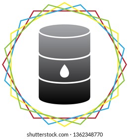 Oil barrel sign. Vector. Black icon with patch of light inside colorful hexagonal frames at white background.