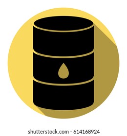 Oil barrel sign. Vector. Flat black icon with flat shadow on royal yellow circle with white background. Isolated.