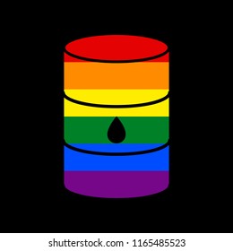 Oil barrel sign. Vector. Icon with colors of LGBT flag at black background.