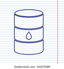 Oil barrel sign. Vector. Navy line icon on notebook paper as background with red line for field.