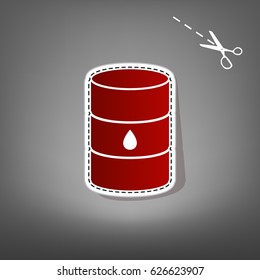 Oil barrel sign. Vector. Red icon with for applique from paper with shadow on gray background with scissors.