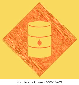 Oil barrel sign. Vector. Red scribble icon obtained as a result of subtraction rhomb and path. Royal yellow background.