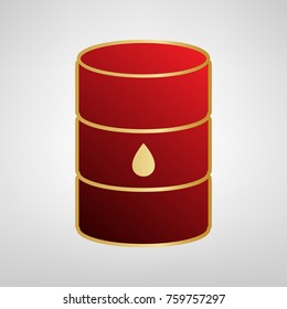 Oil barrel sign. Vector. Red icon on gold sticker at light gray background.