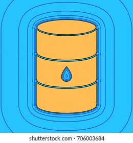 Oil barrel sign. Vector. Sand color icon with black contour and equidistant blue contours like field at sky blue background. Like waves on map - island in ocean or sea.