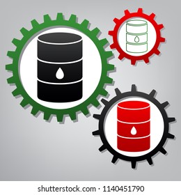 Oil barrel sign. Vector. Three connected gears with icons at grayish background.