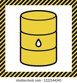 Oil barrel sign. Vector. Warm yellow icon with black contour in frame named as under construction at white background. Isolated.