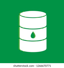 Oil barrel sign. Vector. White flat icon with yellow striped shadow at green background.