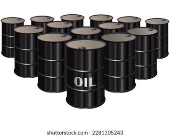 Oil barrel store illustration. Crude petroleum stock. Diesel or petrol barrels. Fuel gasoline tanks. White background.