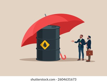 Oil barrel under umbrella. Purchasing petrol, goods and service, audit and checking price. Sale of petroleum products and fuels. Petroleum in barrel. Flat vector illustration