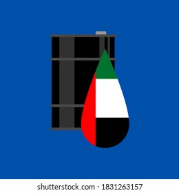oil barrel and United Arab Emirates flag on blue background