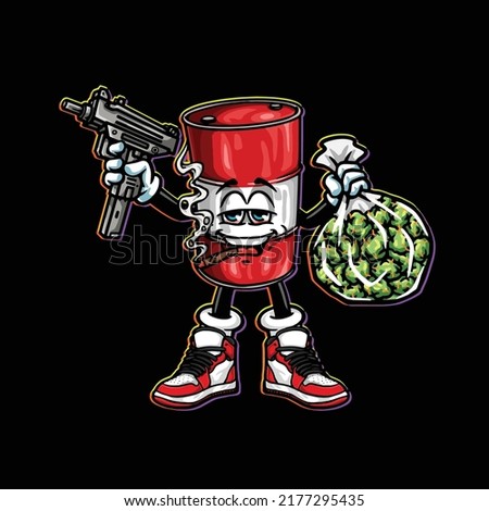 oil barrel vector hold gun, weed nug bag and smoking blunt cannabis bud flower marijuana and happy face