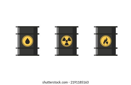 Oil barrel vector icon with danger sign, Various containers with dangerous chemical liquids toxins