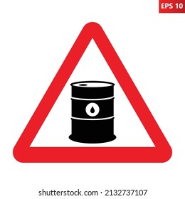 Ölfass-Warnzeichen. Vektorgrafik des roten Dreieckszeichens mit dem Symbol der Öltrommel. Warnschild für fossile Brennstoffe. Vorsicht bei der Finanzkrise auf dem Ölmarkt.