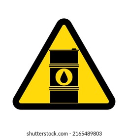 Oil barrel, warning yellow triangular sign isolated on white background, vector illustration