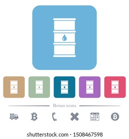 Oil barrel white flat icons on color rounded square backgrounds. 6 bonus icons included