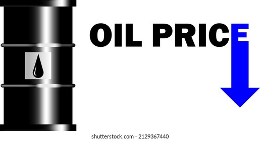 An oil barrel with writings and symbol to indicates the down trend of the oil price.