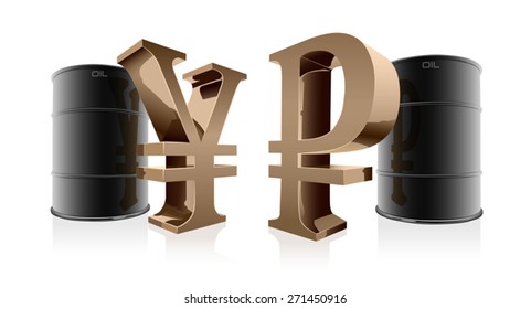 Oil barrel, yuan and ruble sign isolated on white. Vector illustration.
