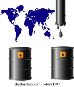oil barrels and blue image of the planet on a white background
