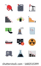 oil barrels and oil crash concept icon set over white background, flat style, vector illustration