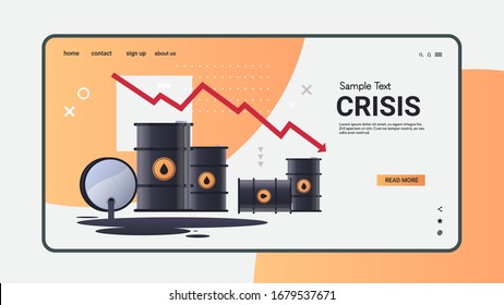 oil barrels and downward chart arrow falling price decrease of petroleum costs crisis concept horizontal copy space vector illustration