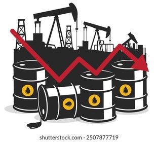 Barriles de petróleo y flecha de gráfico descendente Disminución de Precio de los costos del petróleo Concepto de crisis Ilustración de stock Horizontal