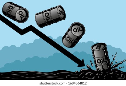 Oil Barrels Falling Down A Downward Graph On A Blue Background.