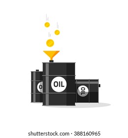 Oil barrels with funnel, gold coins falling to oil tanks, conversion, strategy, rich economy, currency exchange, production, expensive raw materials modern vector design isolated white background