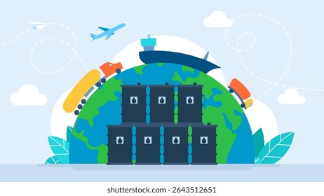 Oil barrels. Oil gas industry. Oil rig, extraction production and transportation oil, fuel and petrol in tankers, ships. Barrels, pump tower, derrick drilling, rig platform. Vector illustration
