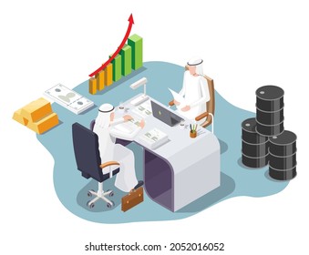 Oil barrels, gold ingots, money. Arab muslim businessman characters working on documents sitting at office desk, flat vector isometric illustration. Saudi Arabian oil business.