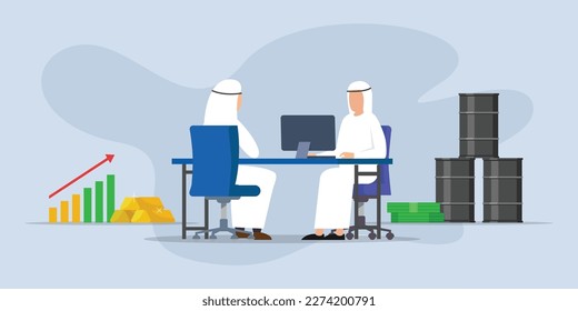 Oil barrels, gold ingots, money. Arab muslim businessman characters working 2d vector illustration concept for banner, website, illustration, landing page, flyer