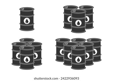 Juego de iconos gráficos de barriles de aceite. Barrels petróleo crudo aisló señales sobre fondo blanco. Ilustración del vector