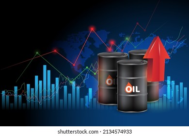 barriles de petróleo con un gráfico de crecimiento en el mercado de inversiones y flechas de comercio hacia arriba y mapear el mundo representando la ilustración global de vector de datos de estructuras de red global