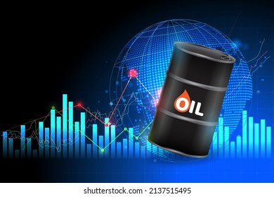 oil barrels with a growth chart in the investment market and trade arrows up and map world representing the global network line wire frame data business vector illustration