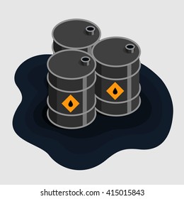 Oil barrels isometric Icon Vector, dirty oil barrels in raw oil puddle, flat isometric oil barrels vector illustration