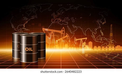 Oil barrels on abstract world map red background. Crude oil production and refining industry. Pumpjack. Drilling rig, derrick in dark abstract desert background. Copy paste, place for text. Vector