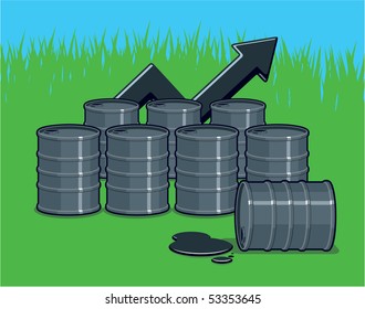 Oil Barrels on the Grass with Chart Arrow (pollution and disaster)