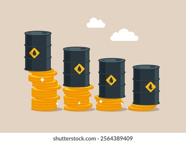 Oil barrels on stacks of coins. Decrease of price of crude oil. Modern flat vector illustration.