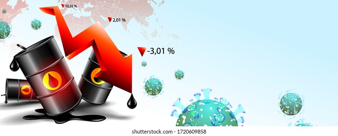 Oil barrels and price with red arrow fall down crisis. Corona virus or covid-19 impact in 2020