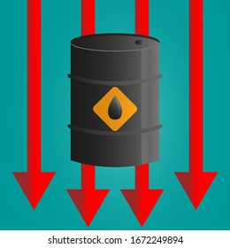 Barriles De Petróleo Y Flecha Roja Hacia Abajo, Fondo De Concepto De Caída De Precios.