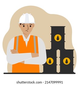 Oil barrels and a sad oilman. Oil industry and worker or engineer in special clothes and helmet. Vector flat illustration