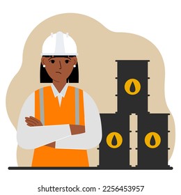 Oil barrels and a sad oilwoman. Oil industry and worker or engineer in special clothes and helmet. Vector flat illustration