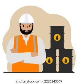 Oil barrels and a smiling oilman. Oil industry and worker or engineer in special clothes and helmet. Vector flat illustration