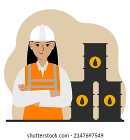 Oil barrels and a smiling oilwoman. Oil industry and worker or engineer in special clothes and helmet. Vector flat illustration