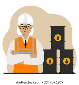 Oil barrels and a smiling old oilwoman. Oil industry and worker or engineer in special clothes and helmet.