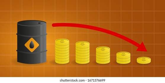 Barriles petroleros y monedas de oro, concepto de banner de caída de precios sobre fondo naranja.