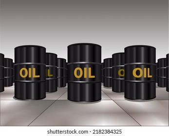 Los barriles de petróleo sirven de ilustración. Existencias de petróleo crudo en un almacén. Cañones de diesel o de gasolina. Tanques de gasolina de combustible.