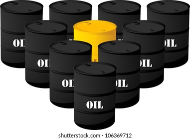 Oil barrels in triangle and a gold one in the middle. Vector