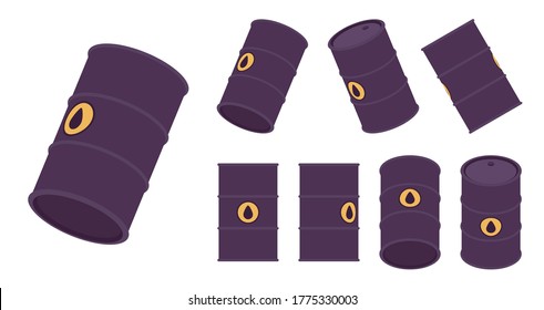 Oil black barrel set with drop emblem. Steel tight head drum for transporting industrial equipment and to store hazardous liquids. Vector flat style cartoon illustration, different views